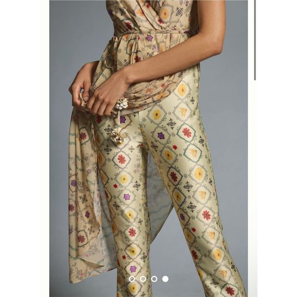 Anthropologie Gold and Green Jumpsuit Luxurious Wide-Leg Design - Picture 10 of 16